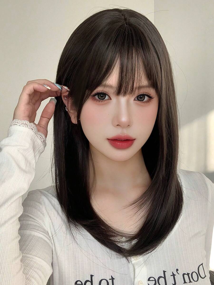 22英吋女用分層中長假髮，棕色中長瀏海假髮，高品質自然蓬鬆極柔軟耐熱纖維髮，適合日常辦公、上學、音樂節派對穿搭的假髮配件