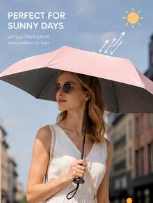 1Pc Super Light Ultra Slim Mini 3-Fold Umbrella With Cover, 5-Rib Thick Black Coating Sun & Rain Parasol, UV Protection Portable For Travel Beach Bedroom Decor, Summer Must-Have, Bridesmaid Birthday Back To School Gift, Pink Green Blue White Black - Multiple Styles - View 3