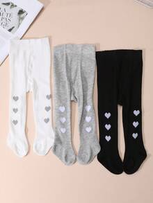 3 Pairs Baby Girls Heart Pattern Solid Color Tights, High Elasticity Soft Baby Leggings, Basic Everyday Wear - Multicolor - View 8