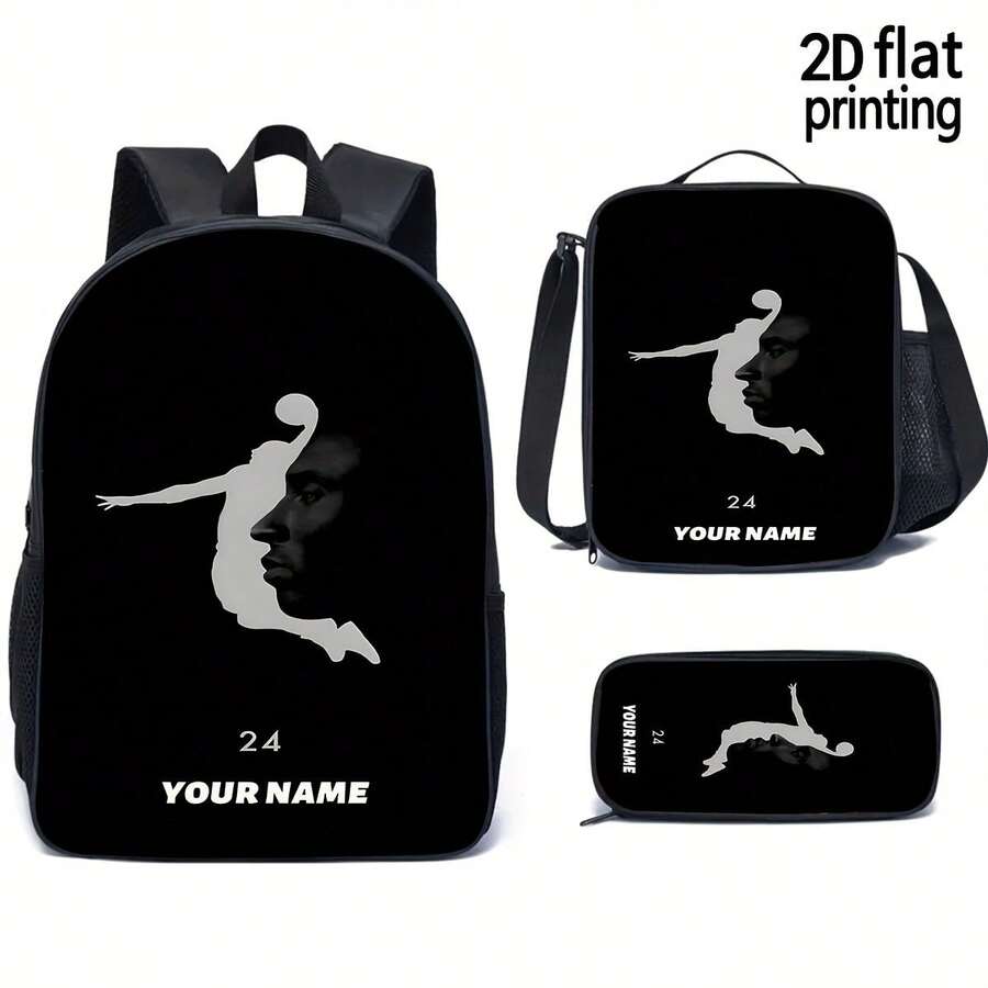 1/3 Pieces Of Personalized Text Design, New Fashionable Unisex Backpacks With Basketball Motif For The 24th Birthday, Large Lunch Bag, Casual Travel And Camping Bag, Versatile Shoulder Bag, Backpack. - Black - View 1