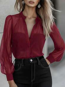Blusa de mujer de unicolor, de manga larga, de un solo pecho, elegante y versátil, para el verano - Burdeos - Ver 2