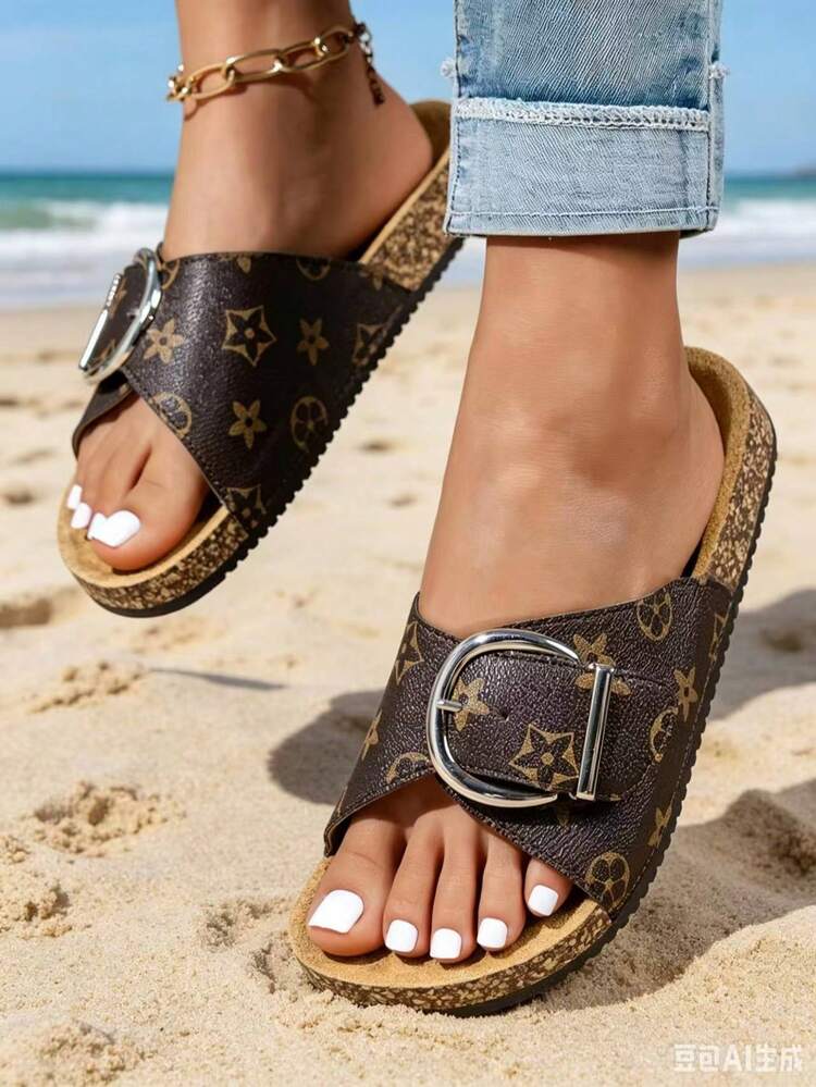 フローラル コルク 大きなバックル フラットスリッパ サンダル | SHEIN