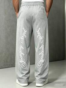 Herren-Jogginghose mit Buchstaben-Muster, weites Bein, lässig, elastischer Bund mit Kordelzug, lockere Passform mit Taschen, Streetwear-Stil, Sport, Herbst - Grau - Übersicht 4