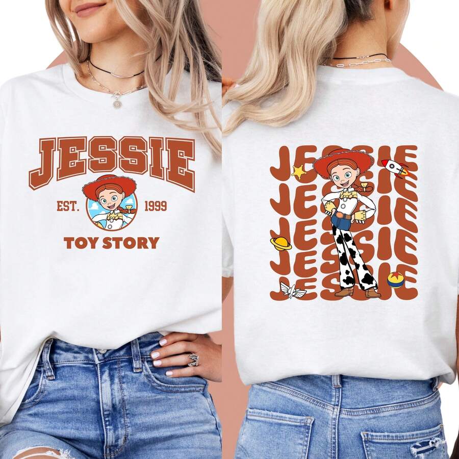 Disney Jessie Double Sided Graphic Sweatshirt Toy Story Cowgirl Retro Stacked Text Art Print Casual Oversized Crewneck For Women - White - View 1