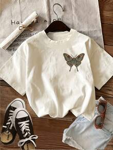 Retro-Colored Butterfly Pattern Front And Back Print Women'S Round Neck Short-Sleeved T-Shirt Spring And Summer Casual Loose Commuting Top Suitable Fo - 白色 - 查看 7