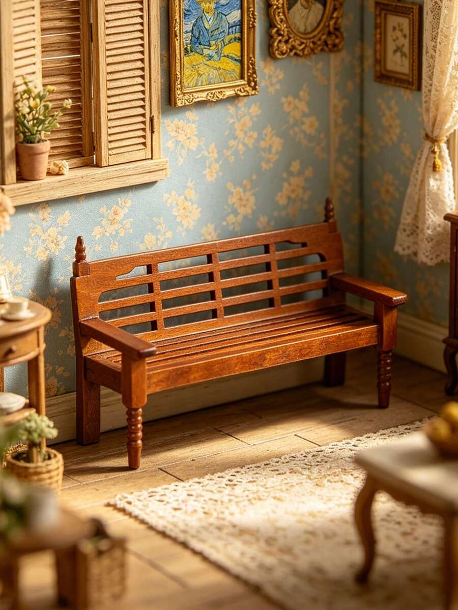 1 pieza Banco de parque en miniatura para casa de muñecas de 13.6 cm, banco de 3 asientos con respaldo color nogal, decoración para hogar y oficina, adorno de lujo para casa en miniatura, modelo mini, manualidad en miniatura para estantería de estudio, mueble creativo en miniatura, manualidad para exhibición en escritorio de gabinete, adorno para escritorio de oficina, mini manualidad, decoración de interiores, accesorio de modelo para fotografía de escenas, pequeño adorno para el hogar - Multicolor - Ver 1