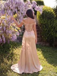 ADYCE Vestido de gala elegante con diseño de hombros descubiertos, aplique hecho a mano exquisito, cintura alta con abertura, cinturón de satén, espalda descubierta, largo hasta el suelo, vestido de graduación, baile de bienvenida, vestido de invitada de boda - Albaricoque - Ver 2