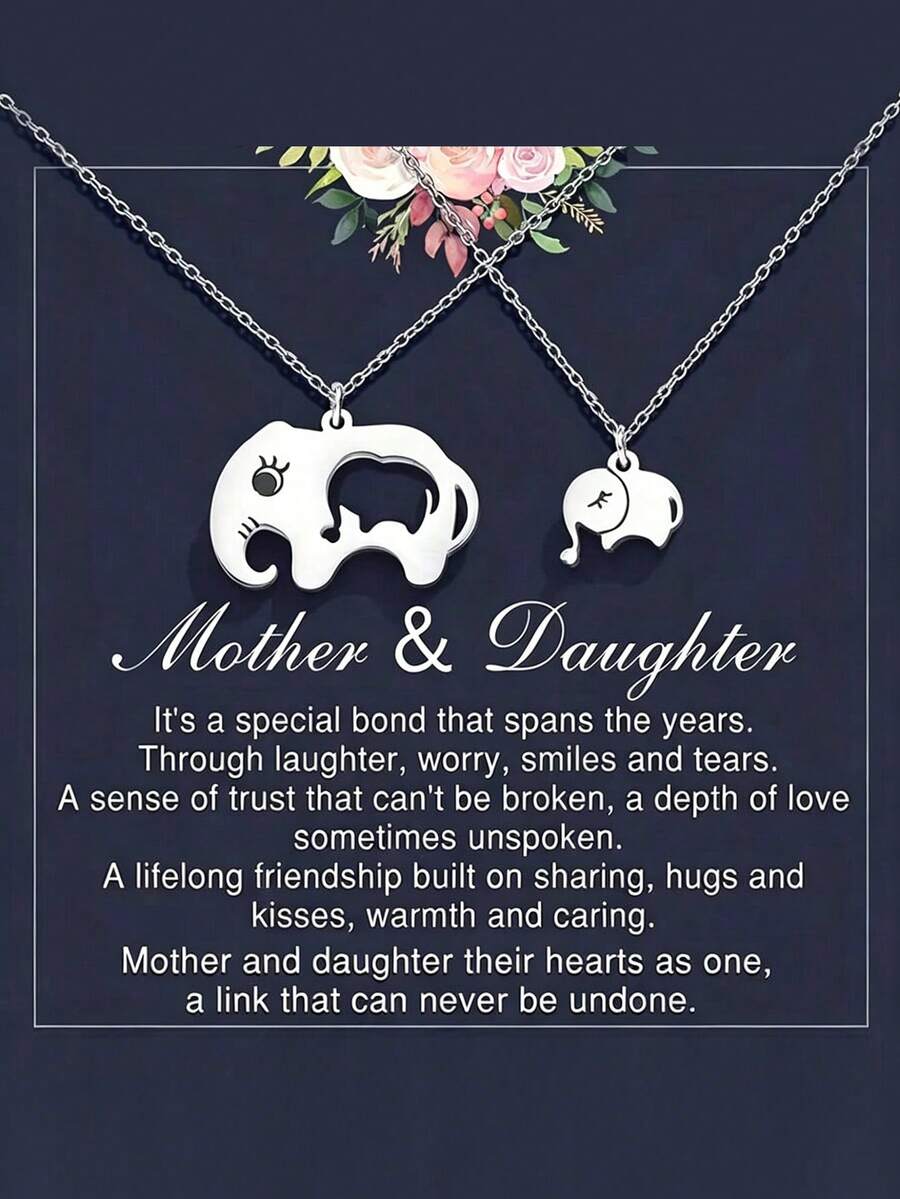 suteyi Ensemble de colliers Mère & Fille Éléphant, pendentif éléphant mère & bébé en acier inoxydable creux, convient comme cadeau de rentrée scolaire ou d'anniversaire - Argent - Voir 1