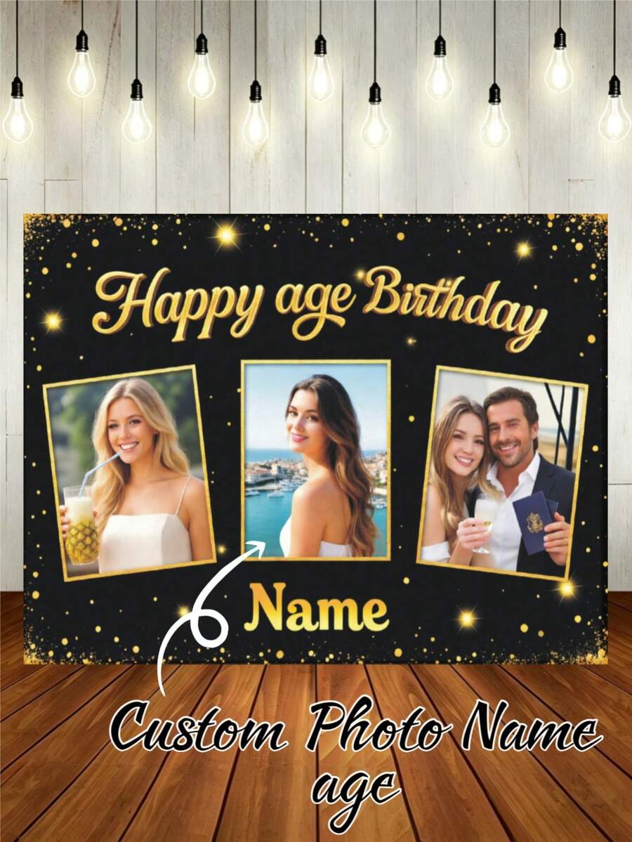 1pc Customizable Photo, Name, Year Black & Gold Glitter Happy Birthday Banner Background, Personalized Gold Glitter Birthday Party Name Decor, Suitable For Cake Table, Photography Backdrop, Vinyl Material - Black Gold - View 1
