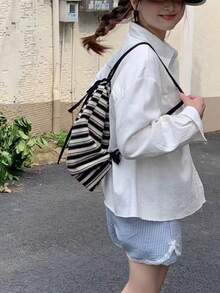 開學季韓系休閒寬鬆大容量大學包條紋時尚學生後背包女款小眾設計大學生高中生百搭通勤出遊學生書包 - 黑色 - 查看 5