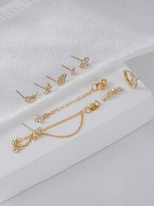 8Pcs Multi Pack Tiny Gold CZ Cartilage Stud Earrings, Dangle Chain Cubic Zirconia Tragus Helix Piercing Jewelry For Women Girls Multiple Ear Piercings - Yellow Gold - View 4