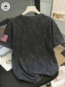 ZZG Es Trus Coton Été Femmes "Independence Day" Imprimé Graphique Style Street Y2K Noir Manches Courtes Grande Taille T-shirt Lavé Top - Noir - Voir 2
