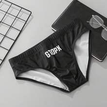Men's Letter Print Swim Briefs Quick Dry Low Waist Triangle Bathing Suit Drawstring Beach Swim Trunks - Black - View 3