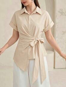 Rikumo 1pc Solid Color Woven Asymmetric/Asymmetrical Shirt, Office & Casual Wear, Summer - Apricot - View 2