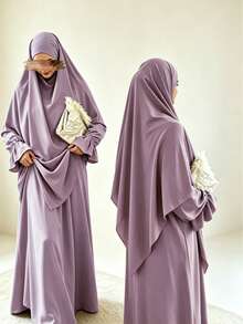 Solid Purple Loose Abaya With Attached Hijab, Ruffled Cuff Long Sleeve Modest Jilbab Maxi Dress, Elegant Islamic Daily Prayer Outfit For Muslim Women - Multicolor - View 37