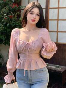 Camisa corta de mujer con cuello cuadrado, manga larga y bajo con volantes, ropa de vuelta al colegio, top de muñeca para el Día de San Valentín - Rosa - Ver 7