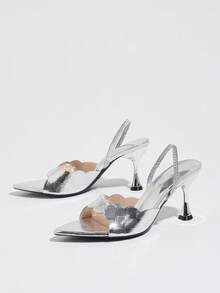 Sandalias de tacón alto para mujer, primavera/verano, fiesta nocturna, baile de gala, exterior, moda de alta gama, tacón de copa de vino, tacón alto delgado, punta puntiaguda, estampado de lagarto brillante, tela, una tira, sexy, elegante, tira trasera, ajuste cómodo para mujer, cualquier ocasión formal, color champán, sandalias formales versátiles - Plateado - Ver 6