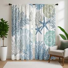 2 pièces Rideaux à motif d'étoile de mer corail, style océanique frais, rideaux imprimés à plat 2D, tissu 100% polyester, style poche à tringle, translucide, sans doublure, rideaux d'été, rideaux de salon, rideaux de chambre, rideaux uniquement, accessoires non inclus - Multicolore - Voir 1