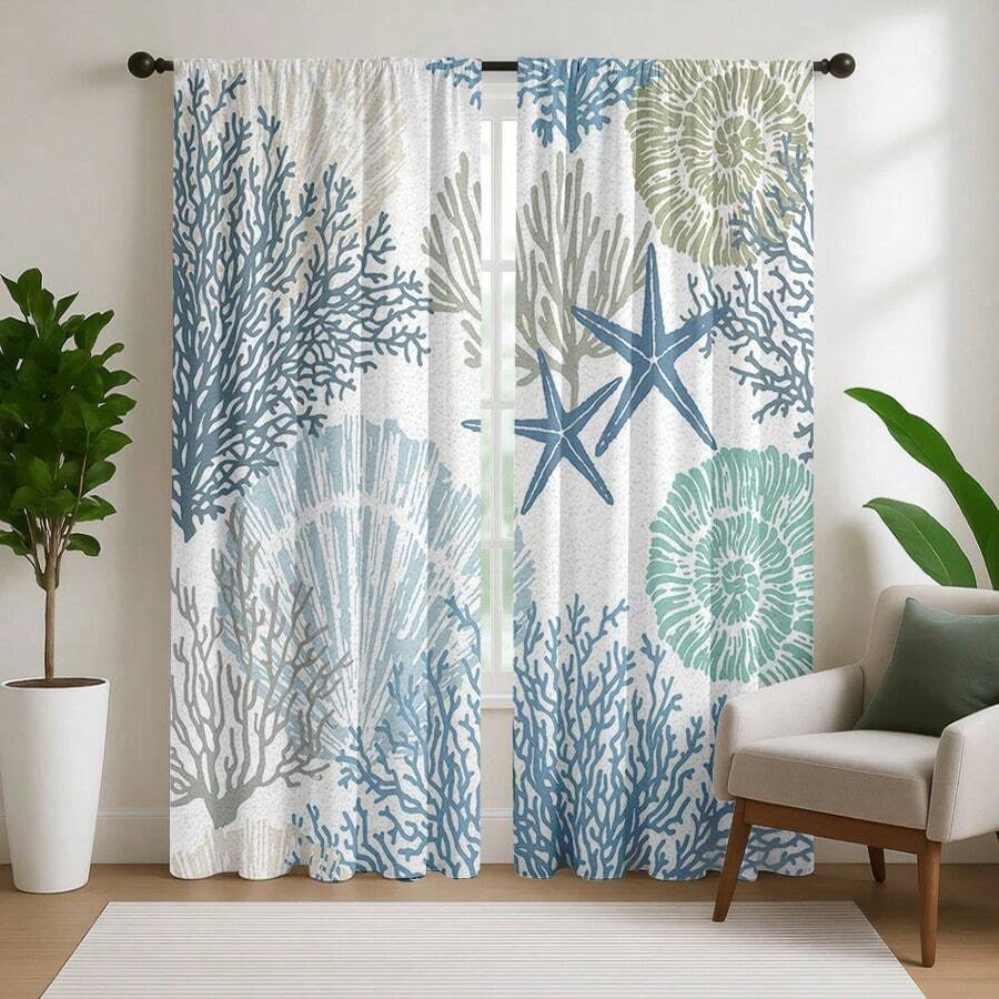 2 pièces Rideaux à motif d'étoile de mer corail, style océanique frais, rideaux imprimés à plat 2D, tissu 100% polyester, style poche à tringle, translucide, sans doublure, rideaux d'été, rideaux de salon, rideaux de chambre, rideaux uniquement, accessoires non inclus - Multicolore - Voir 1