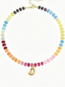 1pc Bohemian Style Colorful Beaded Gemstone Necklace, Bubble Letter Pendant Necklace, Natural Gemstone, Handmade Jewelry Gift - Multicolor - View 6