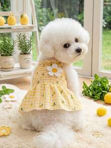 PETSIN Refreshing Pet Lemon Plaid Suspender Dress, Yellow Ruched Sleeveless Sweet Tank Dress For Small Dogs & Cats - White - View 2