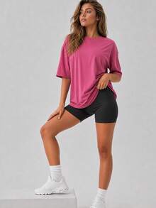Women's Loose Oversized Dropped Shoulder Purple Solid Color T-Shirt Short Sleeve Round Neck Top Summer Casual Shirt Y2K 2026 Basic Style - Purple - View 4