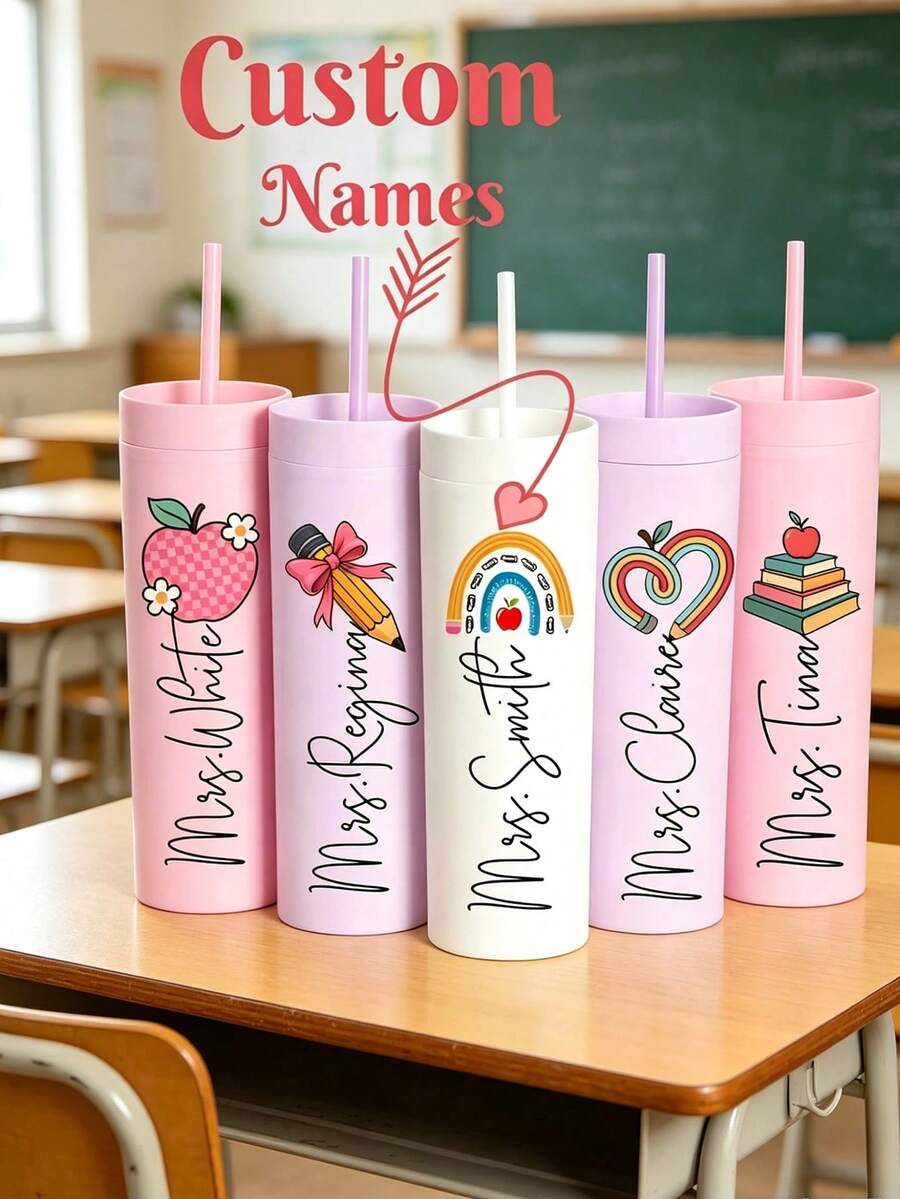 Tumbler Terisolasi untuk Guru yang Dipersonalisasi dengan Sedotan, Gelas Air dengan Teks Kreatif yang Dapat Disesuaikan dan Sedotan, Gelas Lurus, Hadiah Unisex, Dekoratif, Multifungsi, Mudah Dibersihkan, Gelas Air untuk Guru, Hadiah Apresiasi Guru yang Disesuaikan, Hadiah Kembali ke Sekolah untuk Guru - MultiWarna - View 1