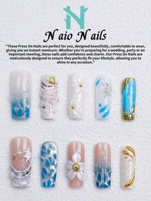 NAIO 10片/組手工穿戴式假指甲，3種尺寸：棺材形/杏仁形/短方型，Y2K海洋風，藍色貓眼美甲搭配3D貝殼與花卉設計，金色與珍珠裝飾，適合女性與女孩，日常使用與派對，女士美甲禮物首選 - 彩色 - 查看 19