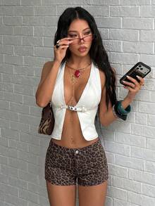 Y2K百搭纯色牛仔短裤，纽扣口袋拉链设计，休闲外出、日常通勤、校园风，夏季必备 - 豹紋1 - 查看 2