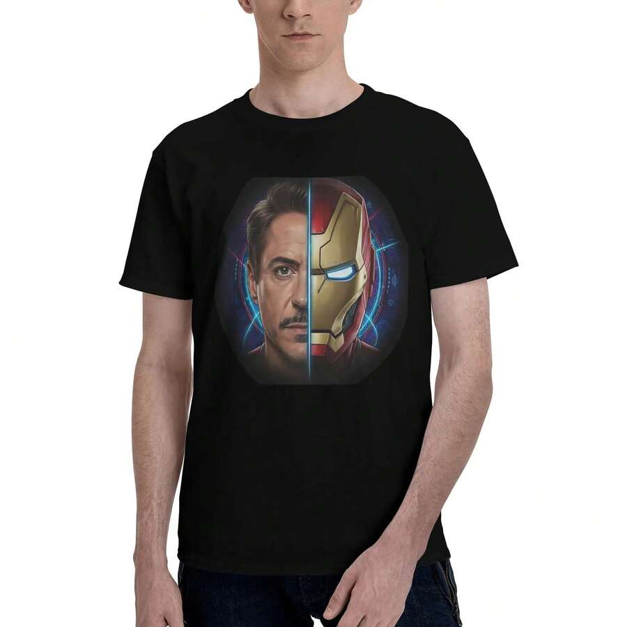Disney Tony Stark Men's T Shirts Funny Tee Shirt Short Sleeve O Neck 100% Cotton Printing Clothes T-Shirt - 黑色 - 查看 1