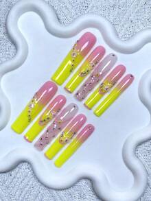 10片裝 Y2K 超長法式 100% 手工美甲片，3D 閃亮水鑽裝飾寶石，適合婚禮、派對、情人節、生日、聖誕禮物，含 1 個果凍膠/1 條迷你磨條，時尚手工穿戴式假指甲 - 彩色 - 查看 2