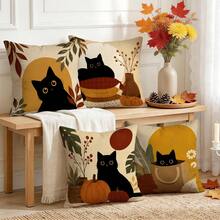 4 pièces/1 pièce Taie d'oreiller motif chat noir d'automne sans insert, taie d'oreiller imprimée sur un seul côté, convient pour le salon, la chambre, la décoration de la maison, taie d'oreiller toutes saisons - Multicolore - Voir 7