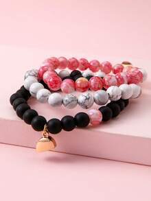Heart Connecting Beaded Bracelet Pack, Marble Pattern Natural Stone Bead Elastic Wristbands, Best Matching Friendship Jewelry For 3 Friends - Multicolor - View 5