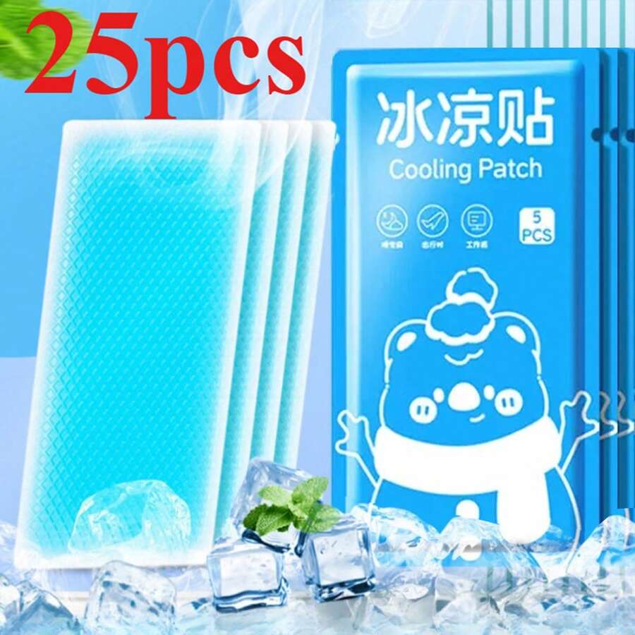 25pcs Fast Cooling Patches - Long-Lasting Gel Material, Suitable For Summer, Daily Use And Elderly Care, Essential Summer Product, Disposable Cooling Cold Compress Patches - Ice Pack, Soothing Patch, Skin-Friendly Material, Icy Design