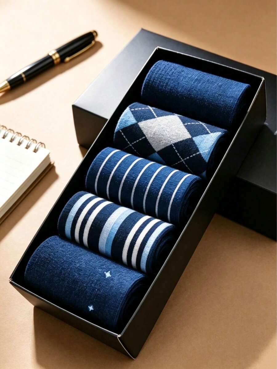 New 5 Pairs Men's Mid-Calf Socks, Sweat-Absorbing Odor-Resistant All-Season Business British Style Multi-Pattern Versatile Comfortable Socks, Perfect Gift For Family - Multicolor - View 1