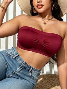 3-Piece Solid Color Strapless Anti-Exposure Bandeau Bra, Wire-Free, Solid Color Ribbed Plus Size Women's Bandeau Bra - Multicolor - View 8