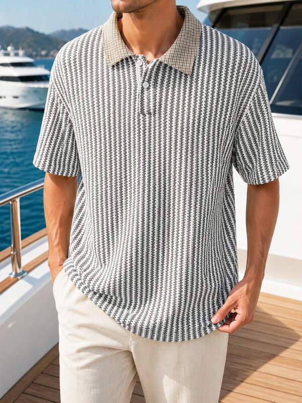 1pc Men's Vertical Textured Colorblock Plaid Collar Polo Shirt, Men's T-Shirt, Loose Oversized Fit, Soft Skin-Friendly Fabric, Vacation Style, Breathable Summer Casual Top, Suitable For Summer Retro Casual Half-Open Front Men's Top