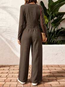 YI XUAN Women's Casual Short Button-Up Shirt And Loose Wide-Leg Pants Set, Vintage Textured Long Sleeve Top With Comfortable Long Pants, Suitable For Daily Wear, Autumn - Chocolate Brown - View 2