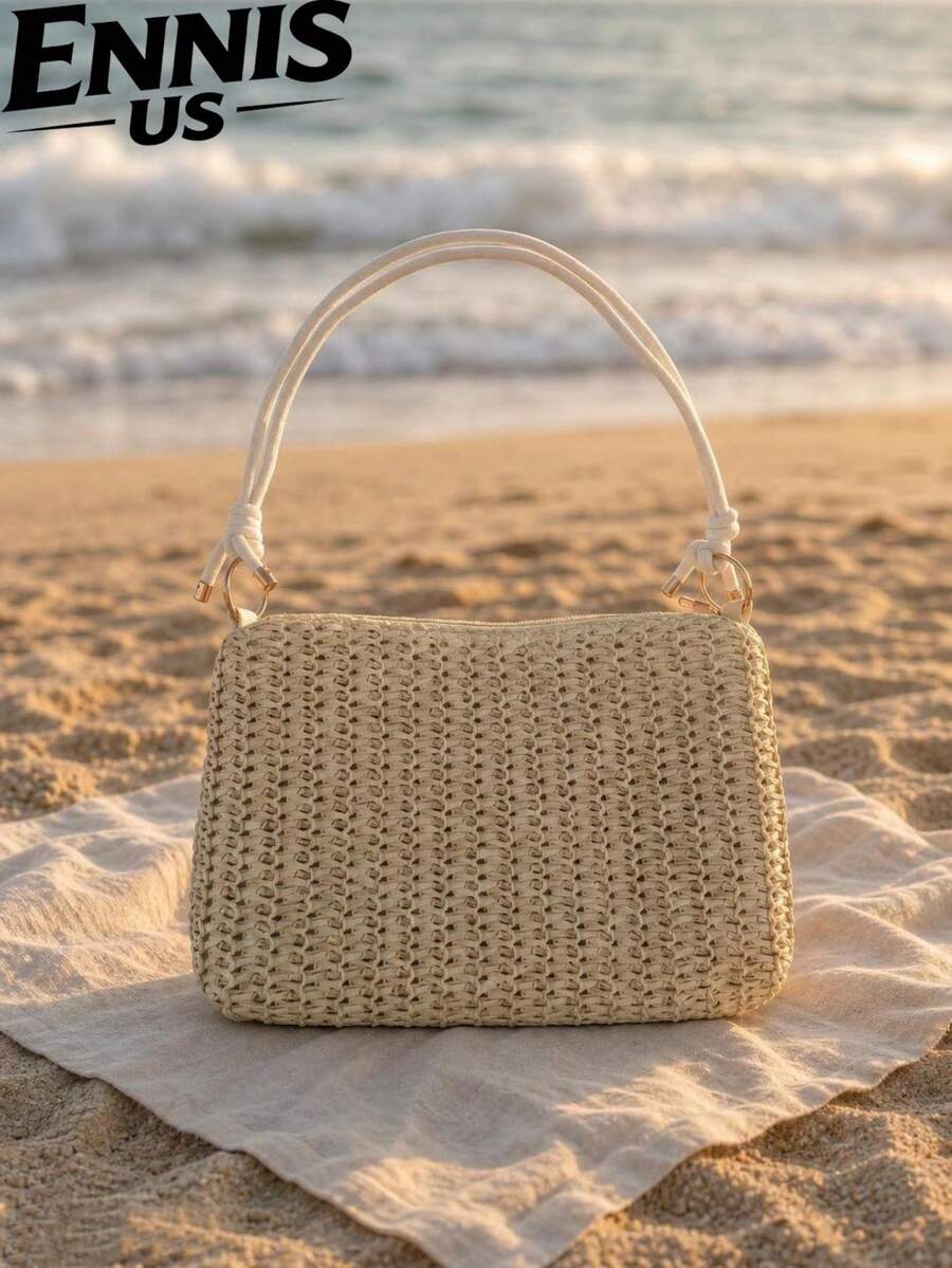 Beach Bag Vacation Season Large Capacity Straw Woven Bag Minimalist Crescent Bag Versatile Crossbody Shoulder Bag - Beige - View 1