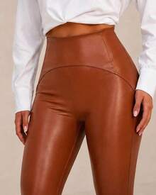 Women's PU Leather Leggings With Thermal Lining, High Waist, Butt-Shaping, With Stitching - 駝色 - 查看 3