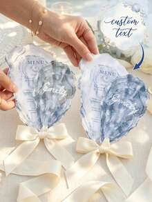 Personalized Oyster Shell-Shaped Paper Card, Custom Photo And Text Wedding Menu Or Place Card With Ribbon, 17.8 X 12.7 Cm Ocean-Inspired Table Decoration For Reception, Anniversary, Birthday, Bridal Shower, Engagement Party And Coastal Wedding Decor - Multicolor - View 1