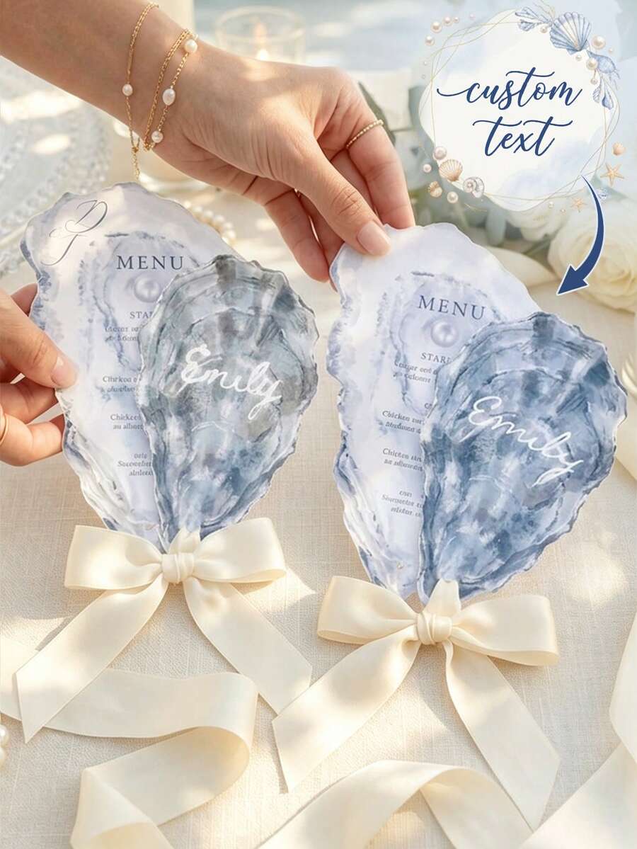 Personalized Oyster Shell-Shaped Paper Card, Custom Photo And Text Wedding Menu Or Place Card With Ribbon, 17.8 X 12.7 Cm Ocean-Inspired Table Decoration For Reception, Anniversary, Birthday, Bridal Shower, Engagement Party And Coastal Wedding Decor - Multicolor - View 1