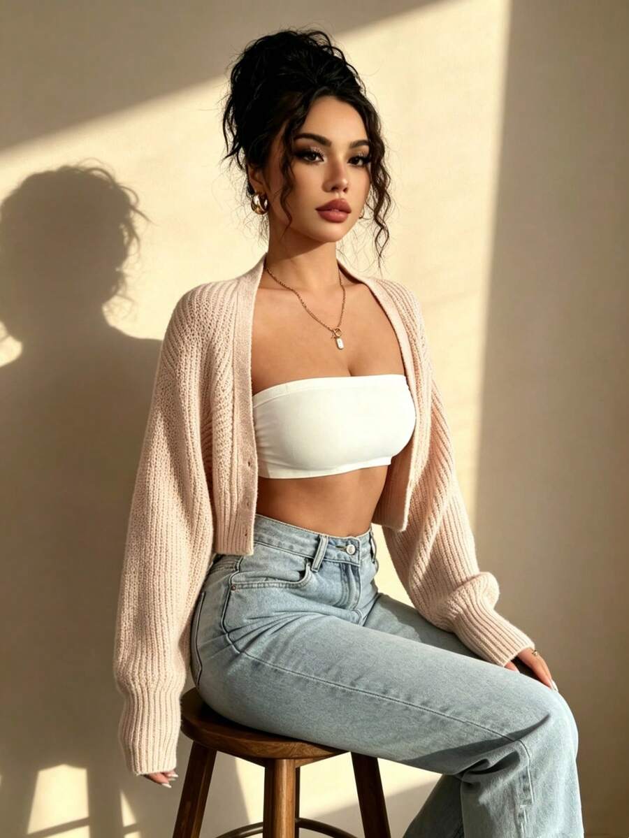 Cárdigan casual y versátil corto,Cárdigan corto de punto acanalado de unicolor elegante para mujer,Cárdigan casual y versátil corto, Cárdigan corto minimalista de manga larga - Blanco - Ver 1