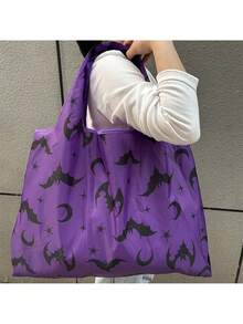 1pc Halloween Purple Bat Bag, Halloween Decoration Bag, Foldable Oxford Cloth Shopping Bag, Portable Storage Bag, Large Supermarket Grocery Bag, Suitable For Holiday Decoration And Home Decor - Multiple Styles - View 5
