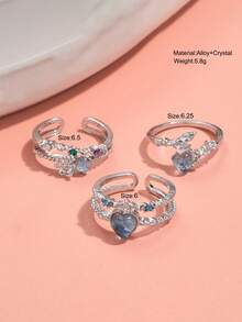 1 Set (3pcs) Y2K Heart Rhinestone Girls Ring Set, Daily Wear, Party, Vacation Accessory, Creative Gift, Elegant Jewelry Collection - Multicolor - View 3