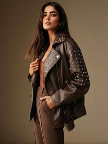 Giolshon 女款街頭風機車夾克附腰帶，時尚百搭秋冬通勤外套 - 深咖色 - 查看 5