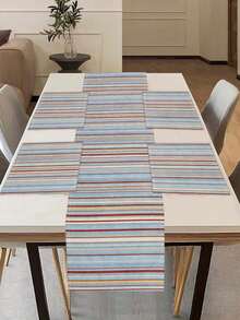 1pc American Vintage Striped Pattern Printed Linen Table Runner, Placemat, Suitable For Holiday, Party, Birthday, Dinner, Kitchen Dining Table Decoration, Shoe Cabinet Storage Cabinet Cover, All Season Room Decor, Home Textile Decoration Table Runner Placemat - Multicolor - View 3