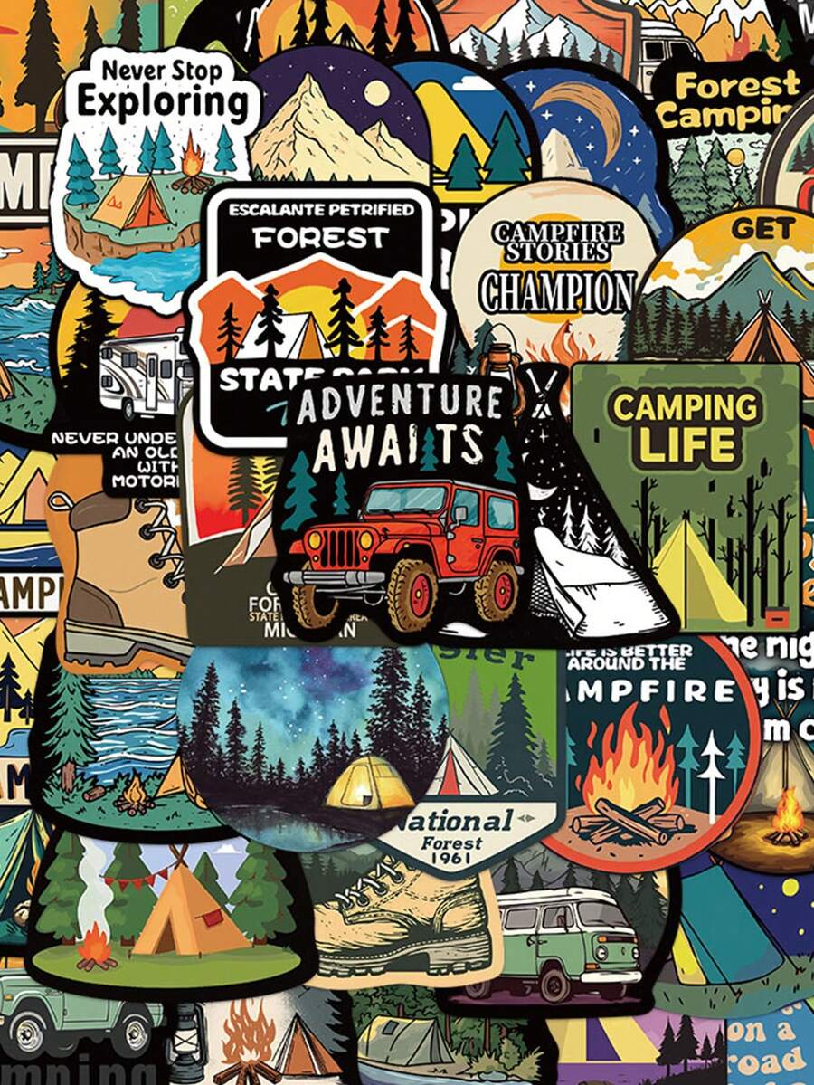 50pcs Camping Sticker Pack For Decorating Diary, Scrapbook, Planner, Luggage, Phone Case, Tablet, Skateboard, Guitar - View 1