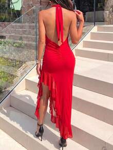 Women's Sleeveless Halter Maxi Dress With Ruffles, Open Back, Fitted Waist & High Slit For Summer/Fall Parties, Weddings & Proms - Red - View 3