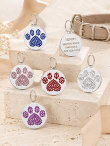 Etiqueta personalizada para mascotas, etiqueta redonda personalizada para mascotas con huella de pata de strass brillante, diseño de doble cara, la parte delantera con una exquisita huella de pata de strass con apariencia destacada, la parte trasera se puede grabar con láser con el nombre de la mascota, dirección, número de teléfono de contacto, material de acero inoxidable resistente al desgaste y sin decoloración, adecuado para gatos y perros, prevención efectiva de la pérdida de mascotas mientras añade decoración - Multicolor - Ver 7